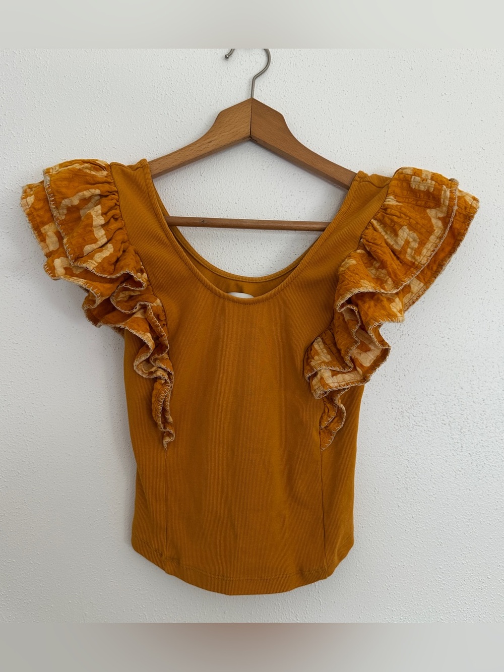 The Odells Anthropologie Connie Mustard Yellow Ruffle Sleeve Top Size XS